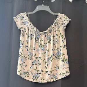 American Eagle Outfitters Blue and Green Floral Off The Shoulder Top